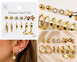 ✨ 6’lı Gold Çelik Küpe Seti – 316L Paslanmaz Çelik, Halka & Taşlı & Kelebek Model Kombin Küpe Seti