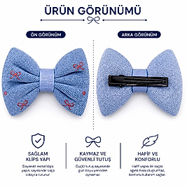 Kot Görünümlü Fiyonk Saç Tokası –Açık Mavi Desenli (2’li Set)