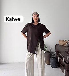 Dantel Detaylı Oversize Kadın Tişört Siyah